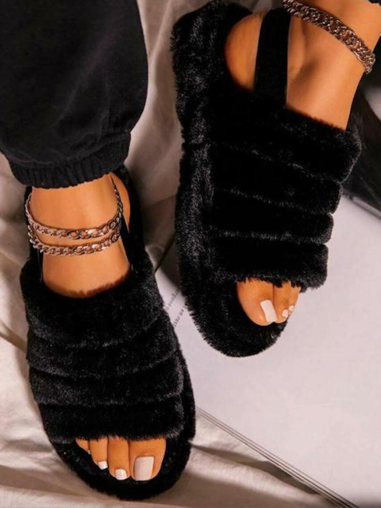 SHOES FLUFFY BLACK SLIPPERS