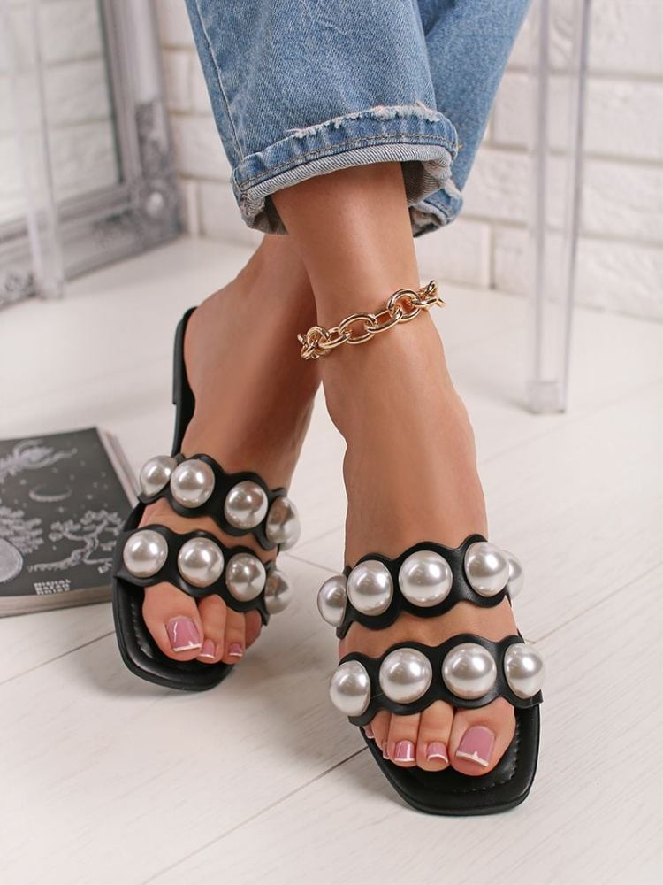 SHOES DOUBLE PEARL BLACK SLIPPERS