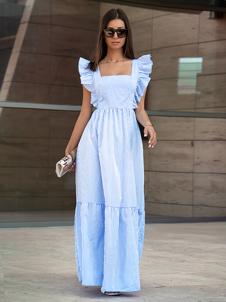 MIRACLE BLUE CHECKED MAXI DRESS