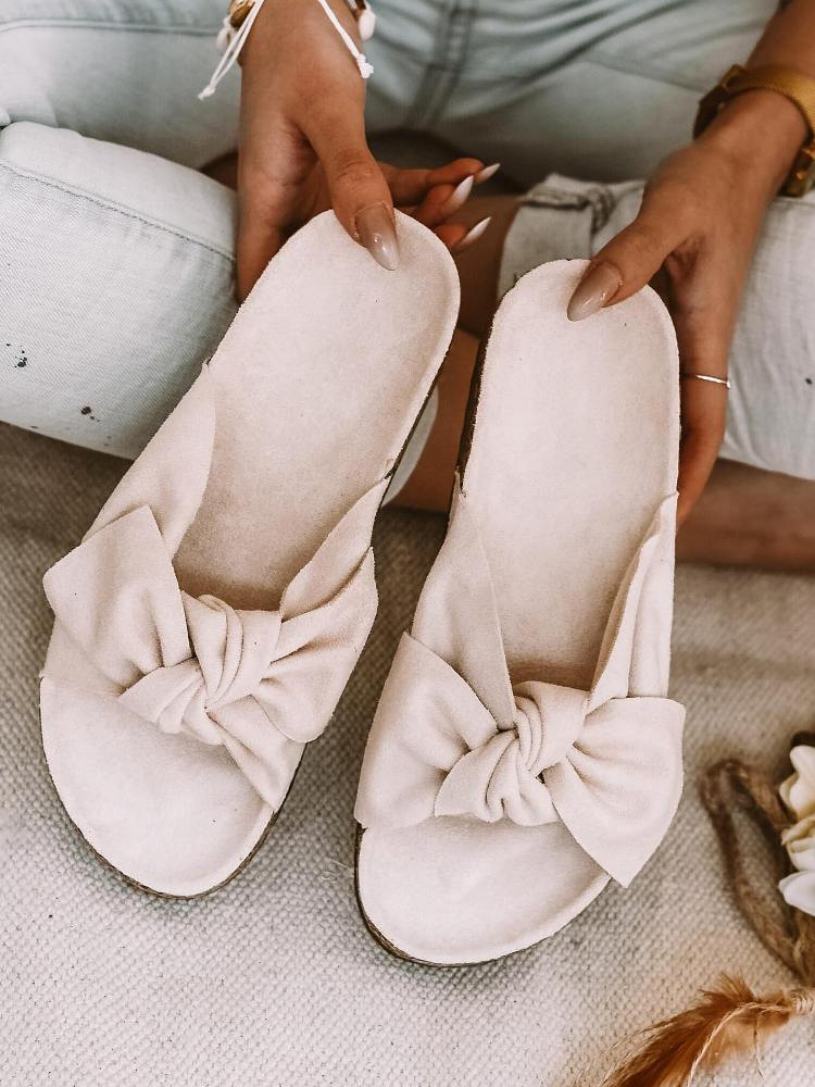 SHOES BEIGE SUEDE BOW SLIPPERS