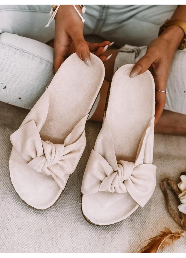 ALBA BEIGE SUEDE BOW SLIPPERS