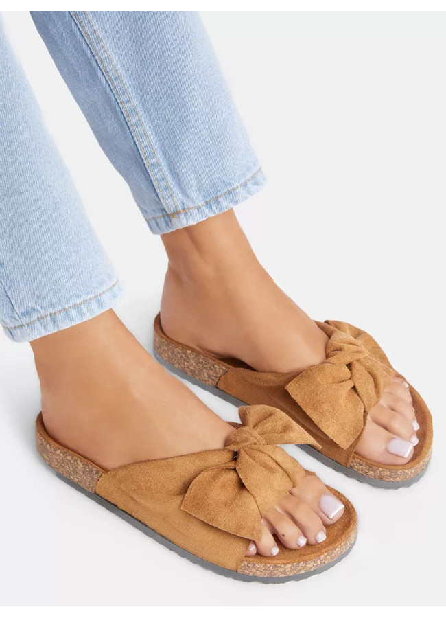 ALBA CAMEL SUEDE BOW SLIPPERS