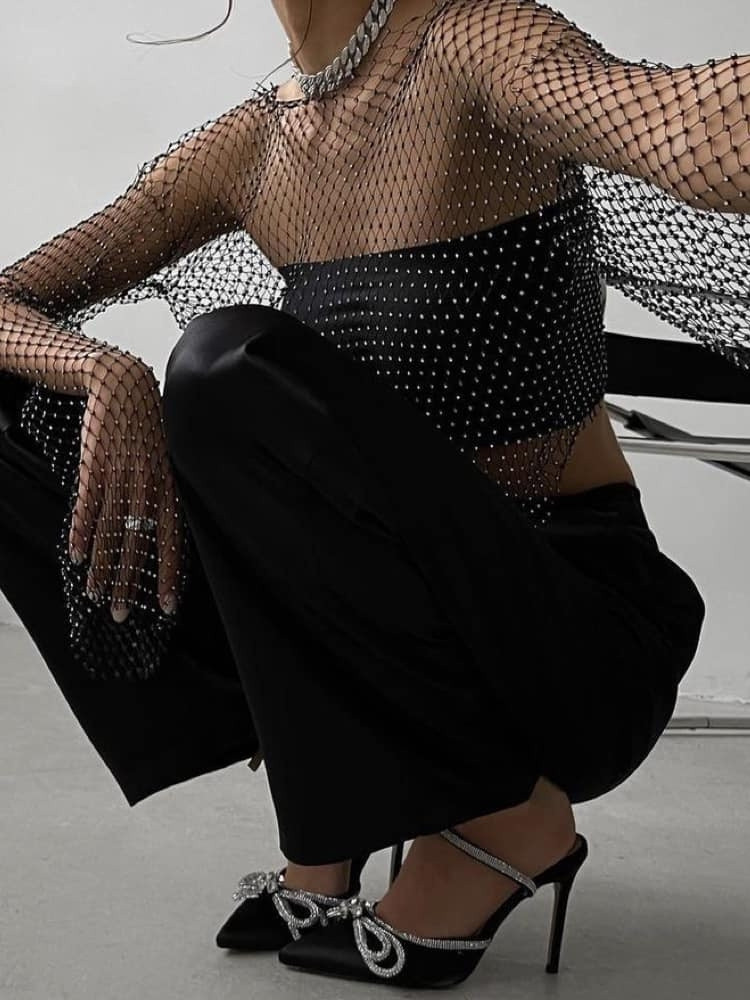 GAIA BLACK STRASS NET BLOUSE