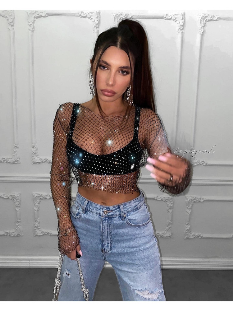 GAIA BLACK STRASS NET BLOUSE