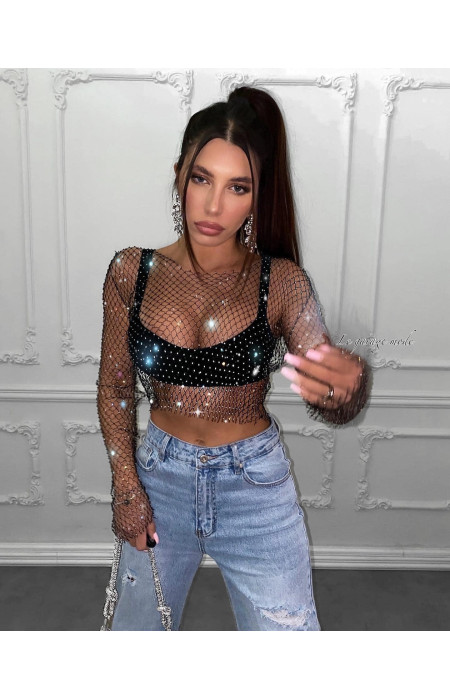 GAIA BLACK STRASS NET BLOUSE