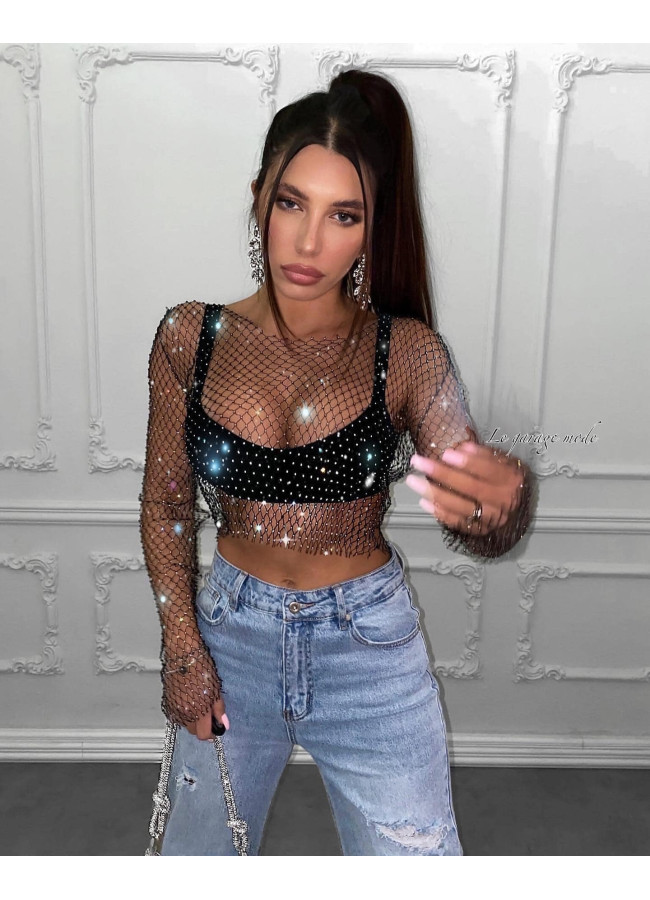 GAIA BLACK STRASS NET BLOUSE