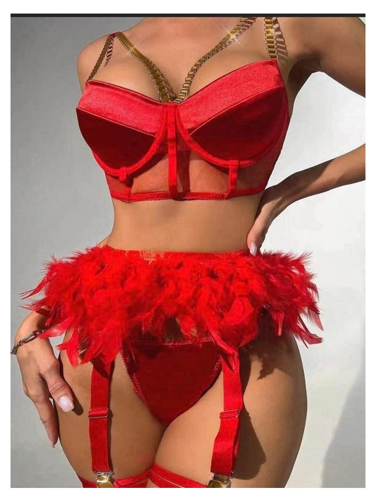 CANDICE RED FEATHER LINGERIE SET