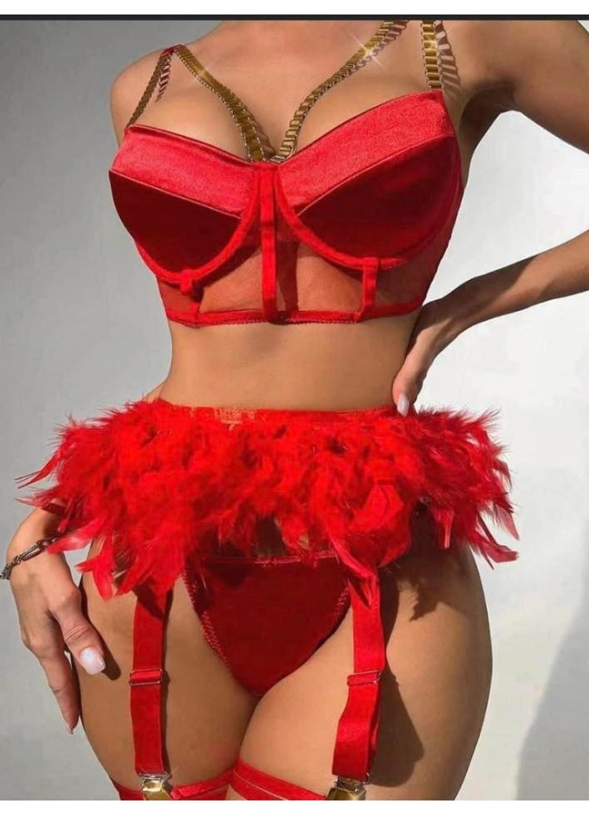 CANDICE RED FEATHER LINGERIE SET