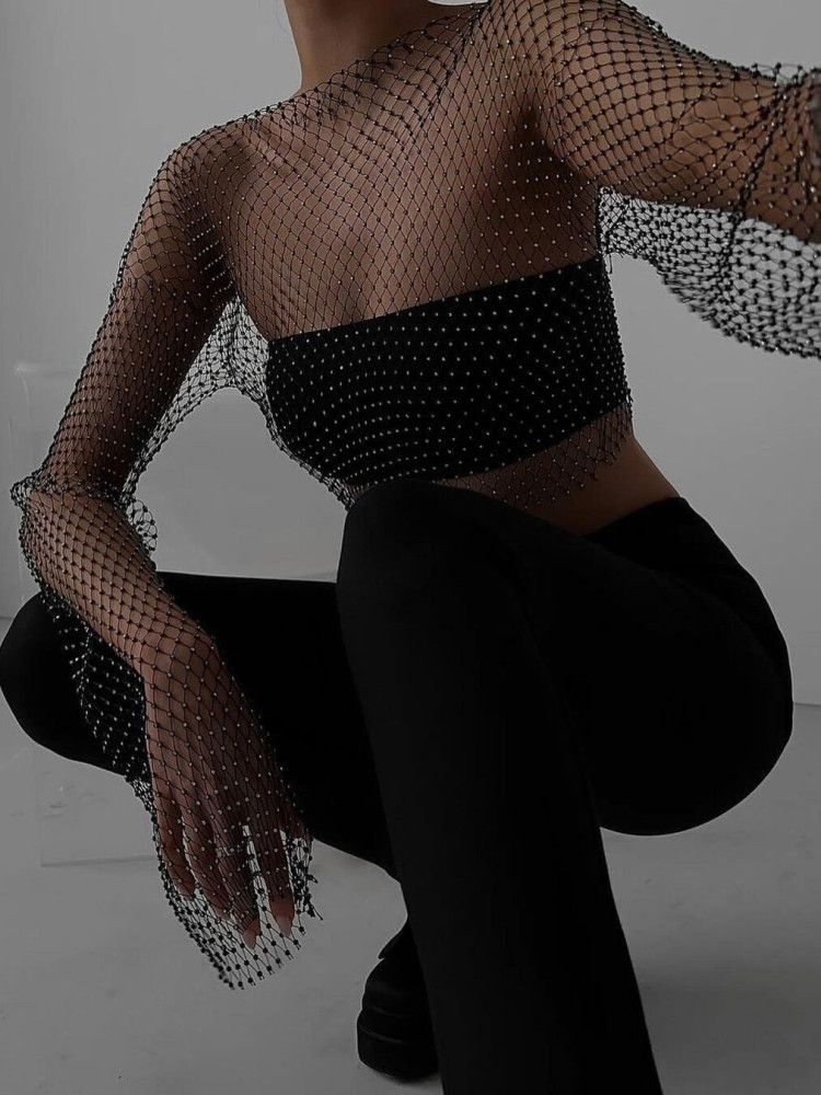 GAIA BLACK STRASS NET BLOUSE