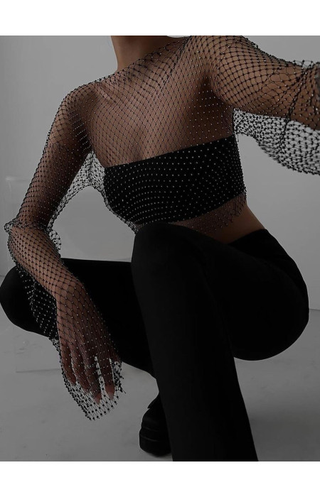 GAIA BLACK STRASS NET BLOUSE