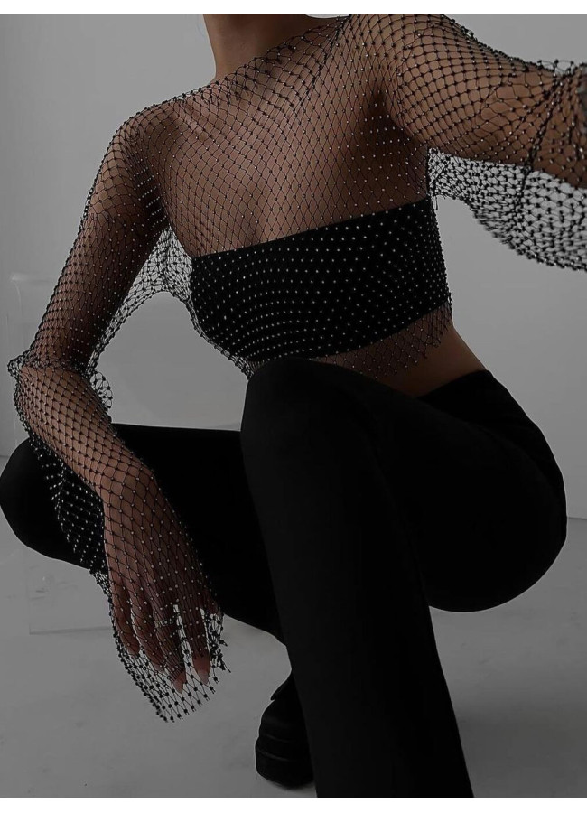 GAIA BLACK STRASS NET BLOUSE