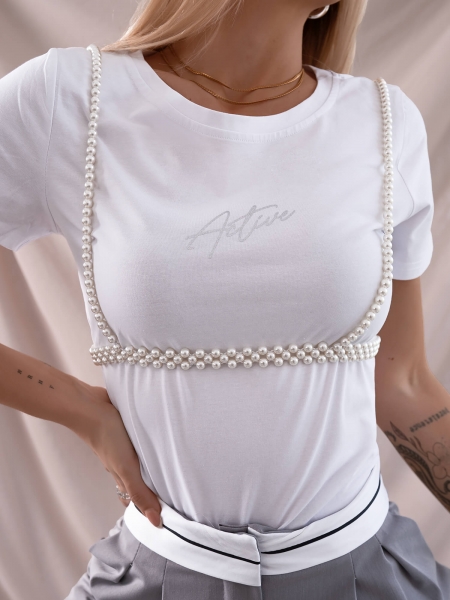 WHITE T-SHIRT WITH PEARLS- ACTIVE