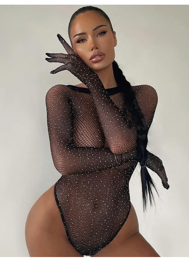 BODYSUIT WITH STRASS AND GLOVES - ARGYRO