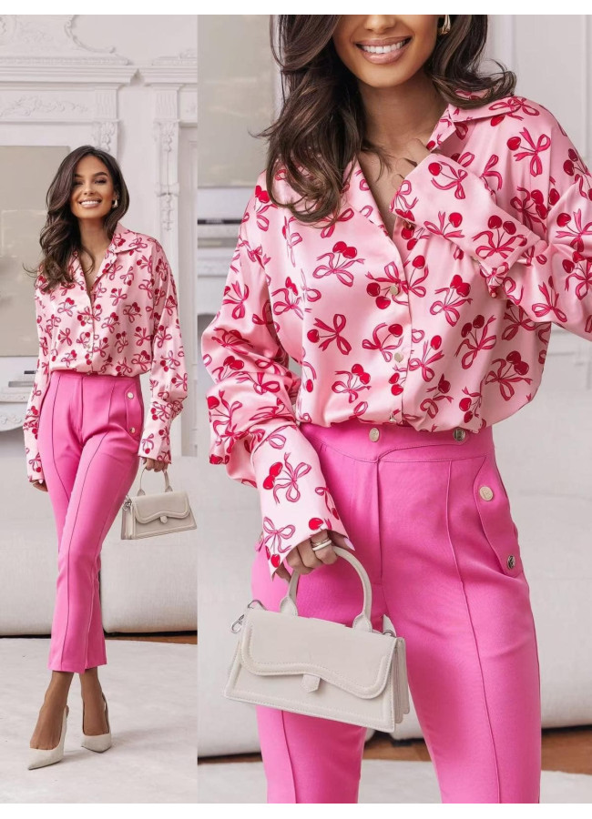 PINK SATIN SHIRT WITH CHERRIES - KATLIN