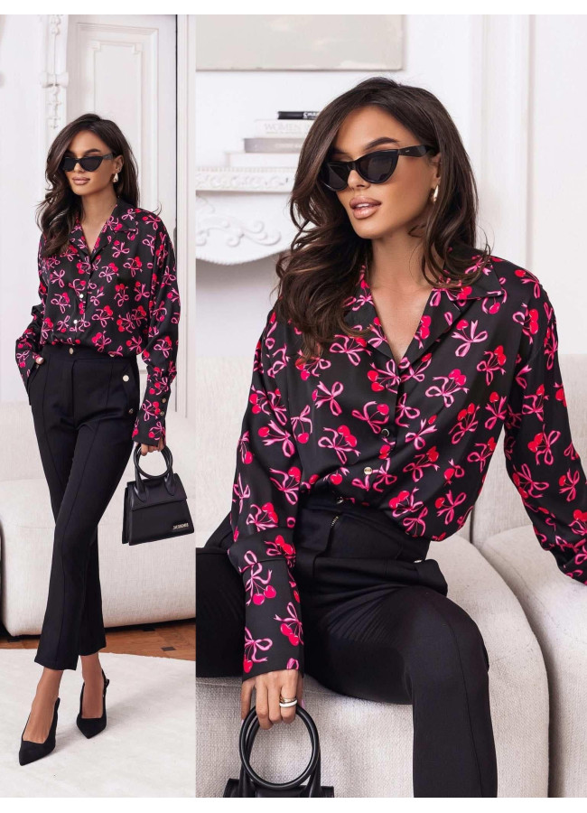 BLACK SATIN SHIRT WITH CHERRIES - KATLIN